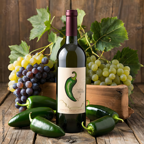 Elegant wine bottle with jalapeño label on a rustic wooden table, surrounded by fresh jalapeños and grapes, warm natural light enhancing rich colors