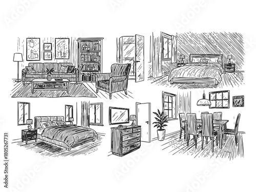 Hand drawn interior room sketches featuring living bedroom and dining spaces