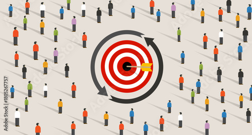Retargeting remarketing crowd online advertising strategy of targeting visitor. Symbol of dart target customer
