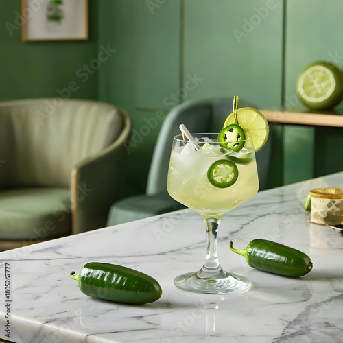 Spicy jalapeño and lime wine cocktail served in elegant glasses on a sunny patio. Vibrant colors and refreshing summer party mood