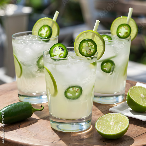 Chilled jalapeño white wine cocktail with lime garnish in refined glassware, photographed on a bright patio. Fresh, colorful summer vibe.