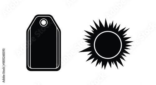 A black tag and a stylized sun symbol are prominently displayed
