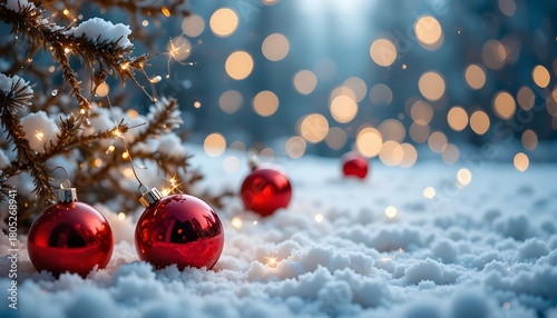 a softly focused image depicts a snow covered landscape with illuminated christmas ornaments and a festive tree