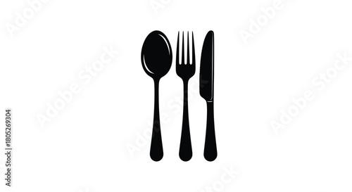 A simple black and white illustration of a spoon fork and knife