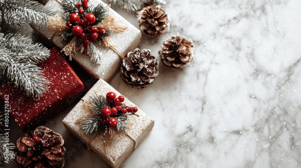 Fototapeta premium Christmas presents and decorations placed on marble surface for holiday season and new year celebration. greeting card preparation