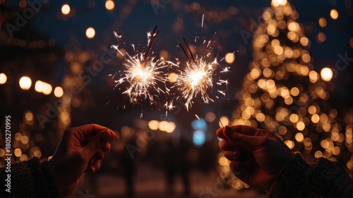 Hands holding burning sparklers with a Christmas tree and glowing star in the background, a couple celebrating New Year with fireworks and Bengal lights in an atmospheric moment