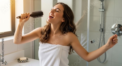 A young woman wrapped in a white towel sings passionately into a hairbrush while standing in a modern bathroom.