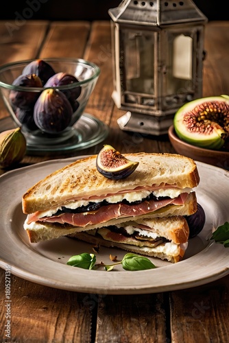 Gourmet Sandwich Featuring Prosciutto, Creamy Ricotta, and Juicy Fig Slices on Artisan Bread