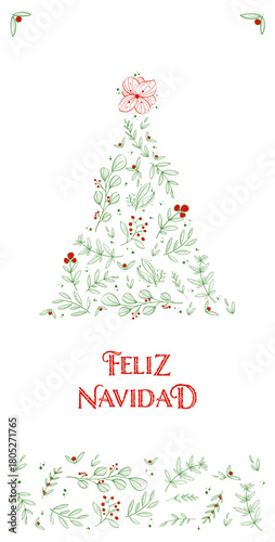 Tarjeta de navideña con plantas. Plantilla navideñas con frase Feliz Navidad en español decorativo tipo árbol y flores. Espacio para agregar texto.