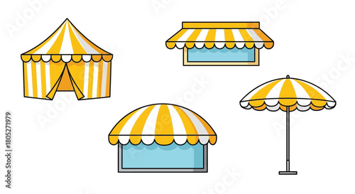 Yellow and white striped tents parasols and awnings in a simple illustration