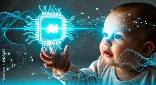 Curious Toddler Reaching Toward Floating Microchip Icon with   
