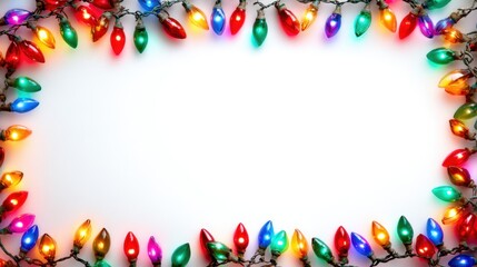 A colorful Christmas light display with a white background. The lights are arranged in a frame, creating a festive and cheerful atmosphere