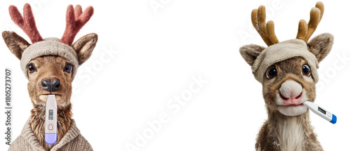 2 adorable reindeers portraits with thermometers in their mouths isolated over white (transparent) background; christmas flu / sickness funny concept