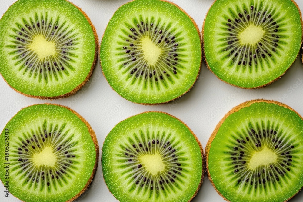 Fototapeta premium Close-Up of Green Kiwi Slices with Fresh Seeds on White Background