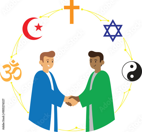 Diverse faiths unite in harmony and understanding as two individuals shake hands symbolizing interfaith dialogue and global peace