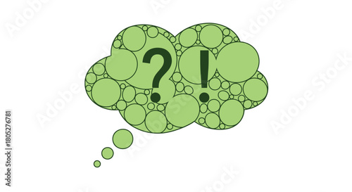 A green thought bubble containing a question mark and exclamation point