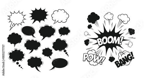 Collection of comic book speech bubbles and explosion effects in black and white