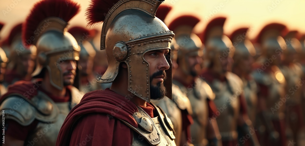 Fototapeta premium Troops of roman legionnaires stand armored ready for fight. Group of ancient soldiers with helmets, red cape prepare for war. Bearded legionary portrait. Historical roman empire army on battlefield.