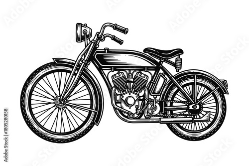 Vintage motorcycle drawing with detailed engine and spokes