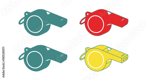 Colorful sports whistles in red blue green and yellow are displayed