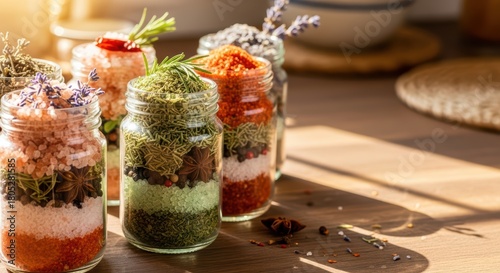 Fototapeta Naklejka Na Ścianę i Meble -  Colorful spice jars with herbs and sunlight in rustic kitchen setting