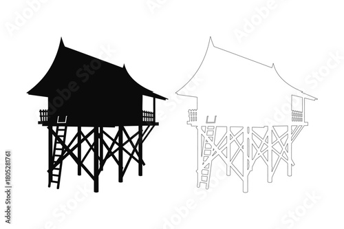 Silhouette and outline of a traditional stilt house