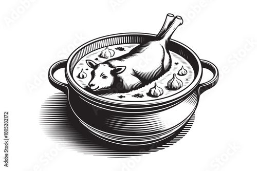 Sketch of a whole animal cooking in a pot