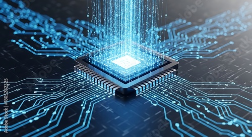 Futuristic microchip with glowing blue data streams and circuitry