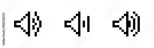 Pixelated speaker icons showing mute low and high volume levels, Retro Audio Symbol Set, Digital Sound Vector, Minimal Volume Control Graphic, Pixel art, vector illustration. 