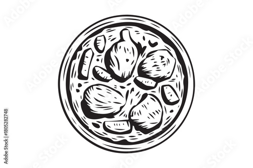 Hand drawn illustration of a hearty stew in an oval bowl