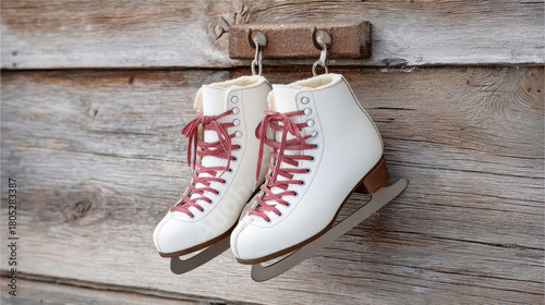 Winter sports gear - ice skates with red laces hanging on rustic wooden hook for seasonal decoration or sport display