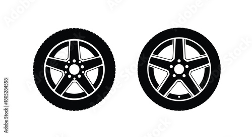 Simple illustration of two black and white car wheels in a flat design