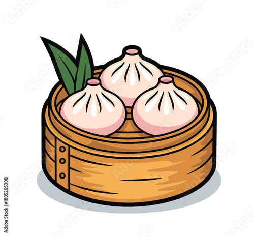 A cartoon illustration of dumplings in a bamboo steamer with green leaves