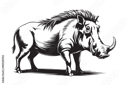 Detailed ink drawing of a standing warthog