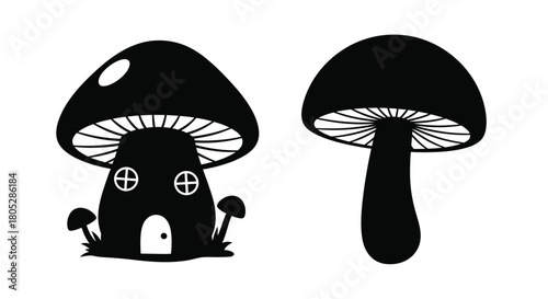 Two black and white mushroom illustrations one shaped like a tiny house