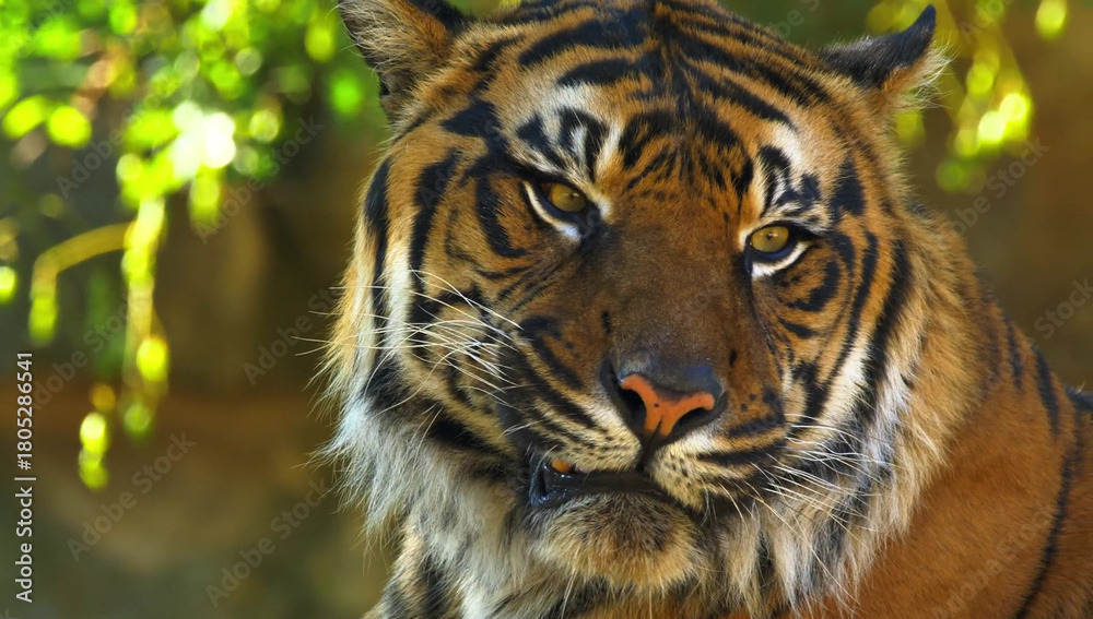 Obraz premium Close up of a Sumatran tiger with green foliage background