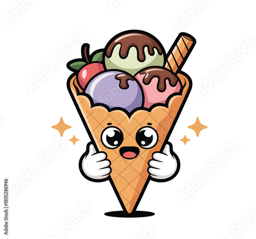 Cartoon ice cream cone with a happy face giving a thumbs up illustration