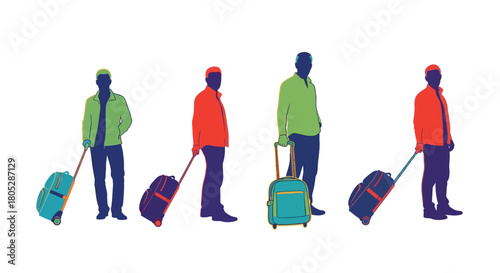 Four travelers with rolling luggage stand in a linear arrangement