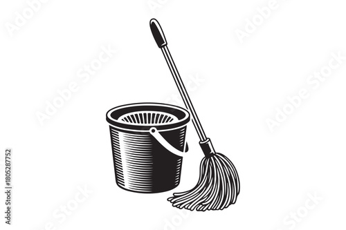 Vintage illustration of a mop and bucket for cleaning