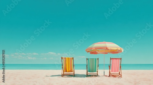 Three beach chairs are set up on the beach with a colorful umbrella in the middle. The chairs are arranged in a row, with one on the left, one in the middle, and one on the right