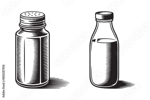 Vintage style illustration of a salt shaker and a glass bottle