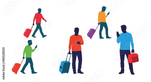 People with luggage traveling using phones in colorful silhouettes