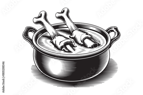 Black and white illustration of a pot of soup with two meat bones