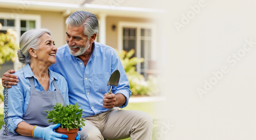 Senior Caucasian couple gardening together, smiling and looking at each other. Happy retirement lifestyle and outdoor leisure activity banner with copy space