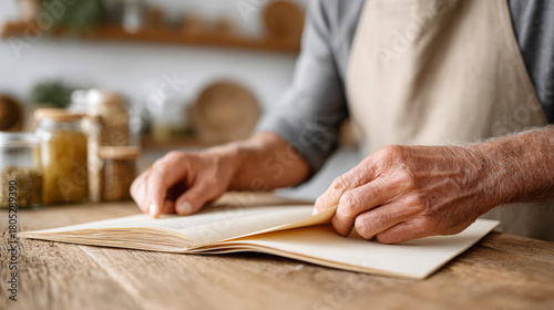 Fototapeta Naklejka Na Ścianę i Meble -  Senior chef flipping through cookbook in rustic kitchen for recipe inspiration