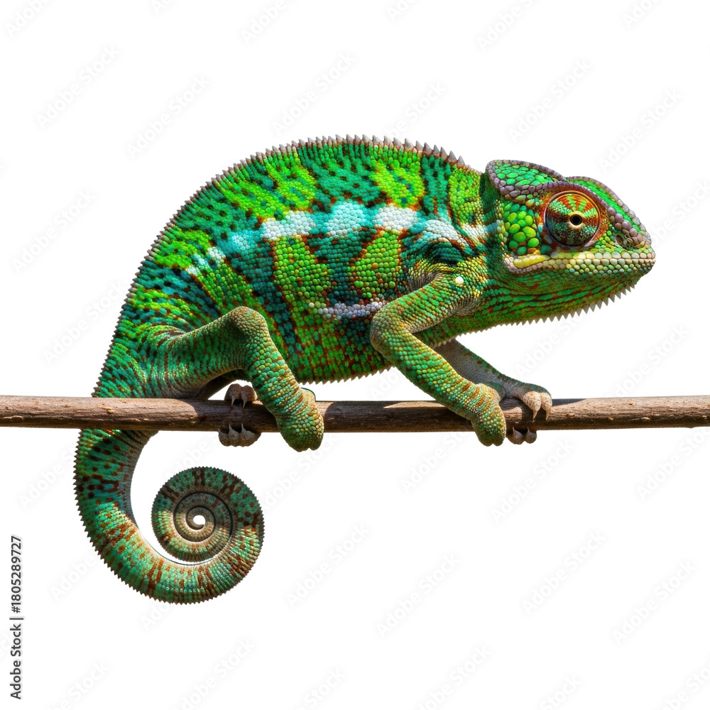 Fototapeta premium Chameleon camouflaging on branch nature wildlife isolated on transparent background