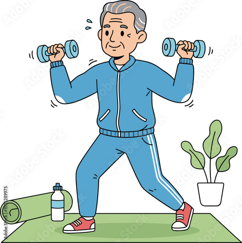 Active senior man exercising with dumbbells, healthy lifestyle workout, home fitness routine illustration promoting strength training, wellness, balance, and active aging