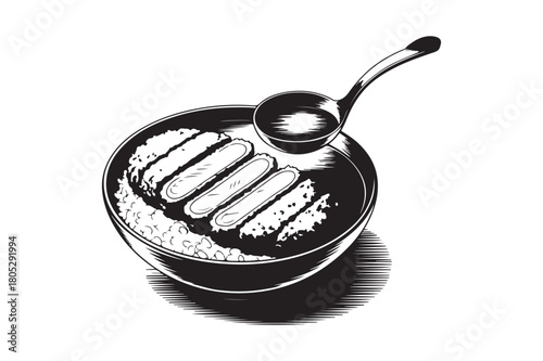 Ink drawing of sausages and mashed potatoes with a ladle