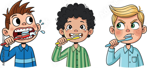 Cartoon kids brushing teeth, dental hygiene illustration, children practicing oral care, healthy habits artwork, fun educational design promoting brushing, smiling characters learning cleanliness