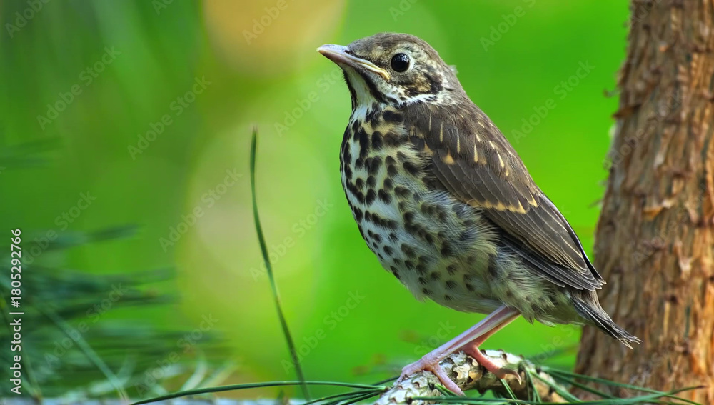Fototapeta premium Young Songbird Perched on a Branch with Greenery young bird